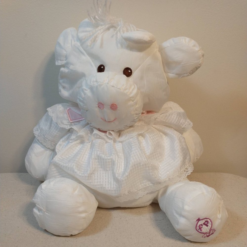 Vintage Puffalump White Cow (White Dress / Pink Hearts) #8001 Fisher Price 1986